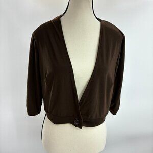 Perceptions Brown Cropped Cardigan Top Women’s Size L 3/4 Sleeve Deep V Button